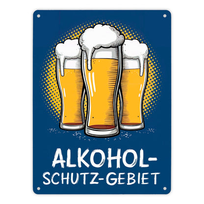 Alkohol-Schutzgebiet mit drei Biergläsern Metallschild XL in 21x28 cm