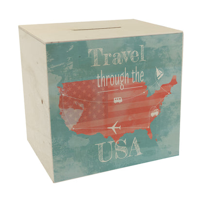 Spardose aus Holz mit USA Karte und Spruch - travel through USA