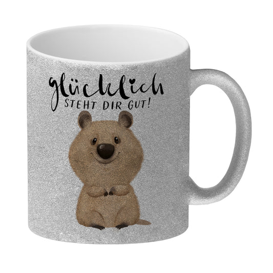 Quokka Glitzer-Kaffeebecher mit Spruch Glücklich steht dir gut