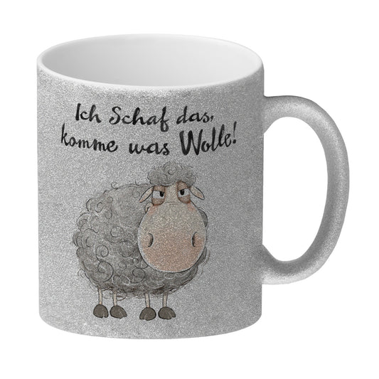 Schaf Glitzer-Kaffeebecher mit Spruch Ich Schaf das komme was Wolle