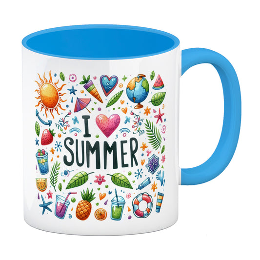 Sommer Kaffeebecher in hellblau mit Spruch I love summer