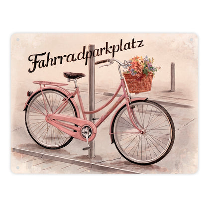 Fahrradparkplatz Metallschild XL in 21x28 cm mit rosa Drahtesel und Blumenkorb