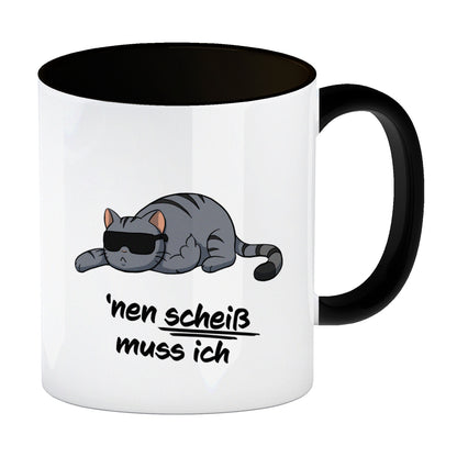 nen Scheiß muss ich Kaffeebecher Schwarz mit coolem Katzen-Motiv