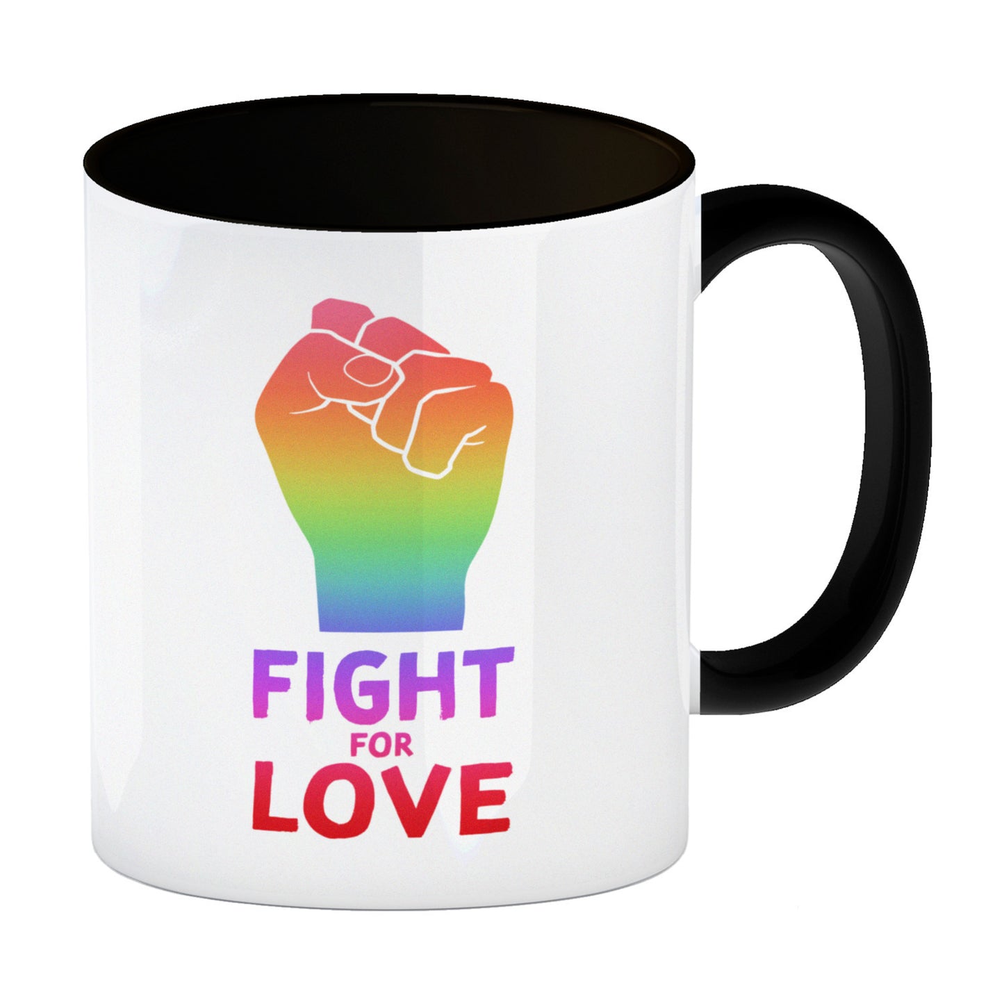 Fight for Love Kaffeebecher Schwarz mit Faust in Regenbogenfarben