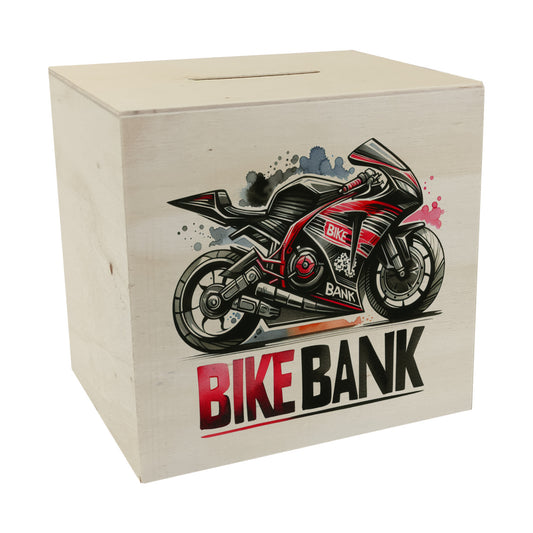 Rennmotorrad Spardose aus Holz mit Spruch Bike Bank