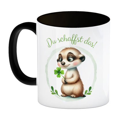 Erdmännchen mit Kleeblatt Kaffeebecher in schwarz mit Spruch Du schaffst das