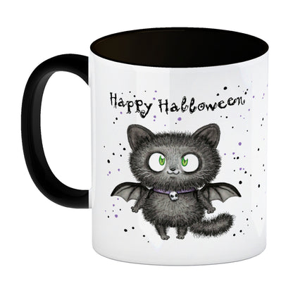 Happy Halloween Kaffeebecher in schwarz mit schwarzer Fledermaus-Katze