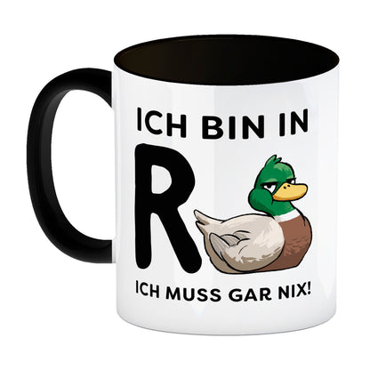 Ente Ruhestand Kaffeebecher in schwarz mit Spruch Ich bin in R-Ente Ich muss gar nix