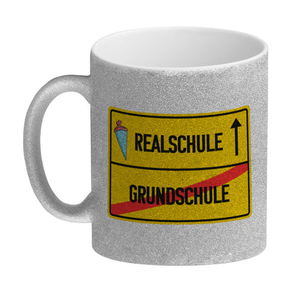 Realschule Ortsschild Glitzer-Kaffeebecher zur Einschulung