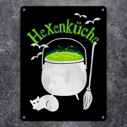 Hexenküche Metallschild XL in 21x28 cm mit Hexenkessel für Halloween