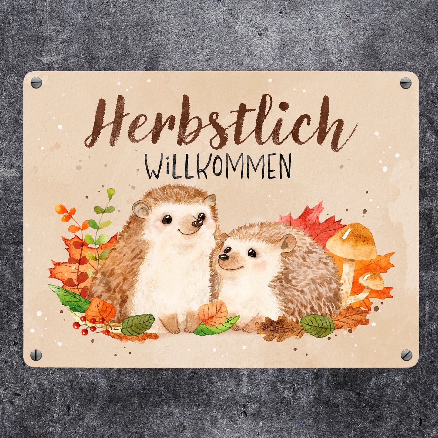 Igel Paar Metallschild in 15x20 cm mit Spruch Herbstlich Willkommen