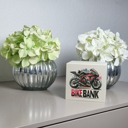 Rennmotorrad Spardose aus Holz mit Spruch Bike Bank