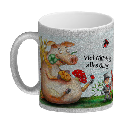 Viel Glück und alles Gute! Glitzer-Glitzer-Kaffeebecher mit Glücksschwein Motiv