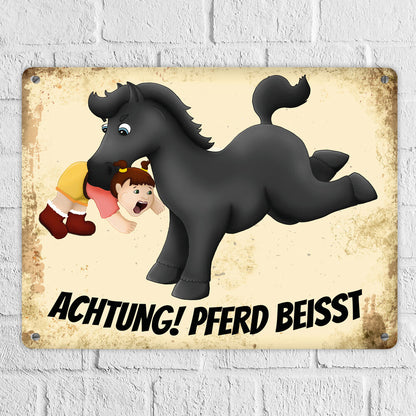 Metallschild XL mit schwarzes Pferd Motiv und Spruch: Achtung! Pferd beisst