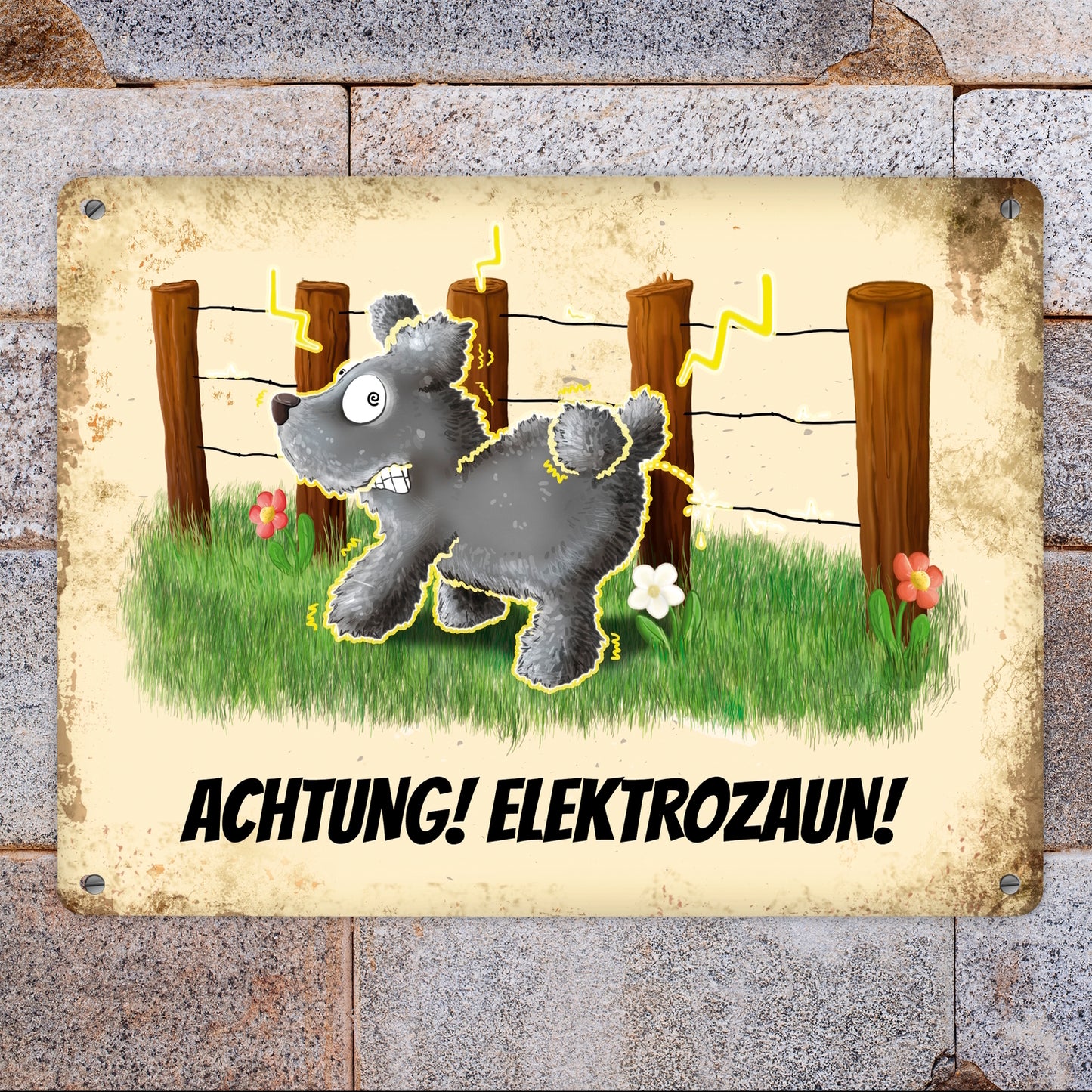 Metallschild XL mit elektrisierendem Motiv und Spruch: Achtung! Elektrozaun!