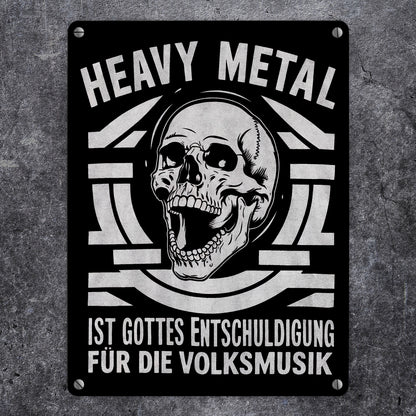 Heavy Metal statt Volksmusik Metallschild in 15x20 cm mit Totenkopf