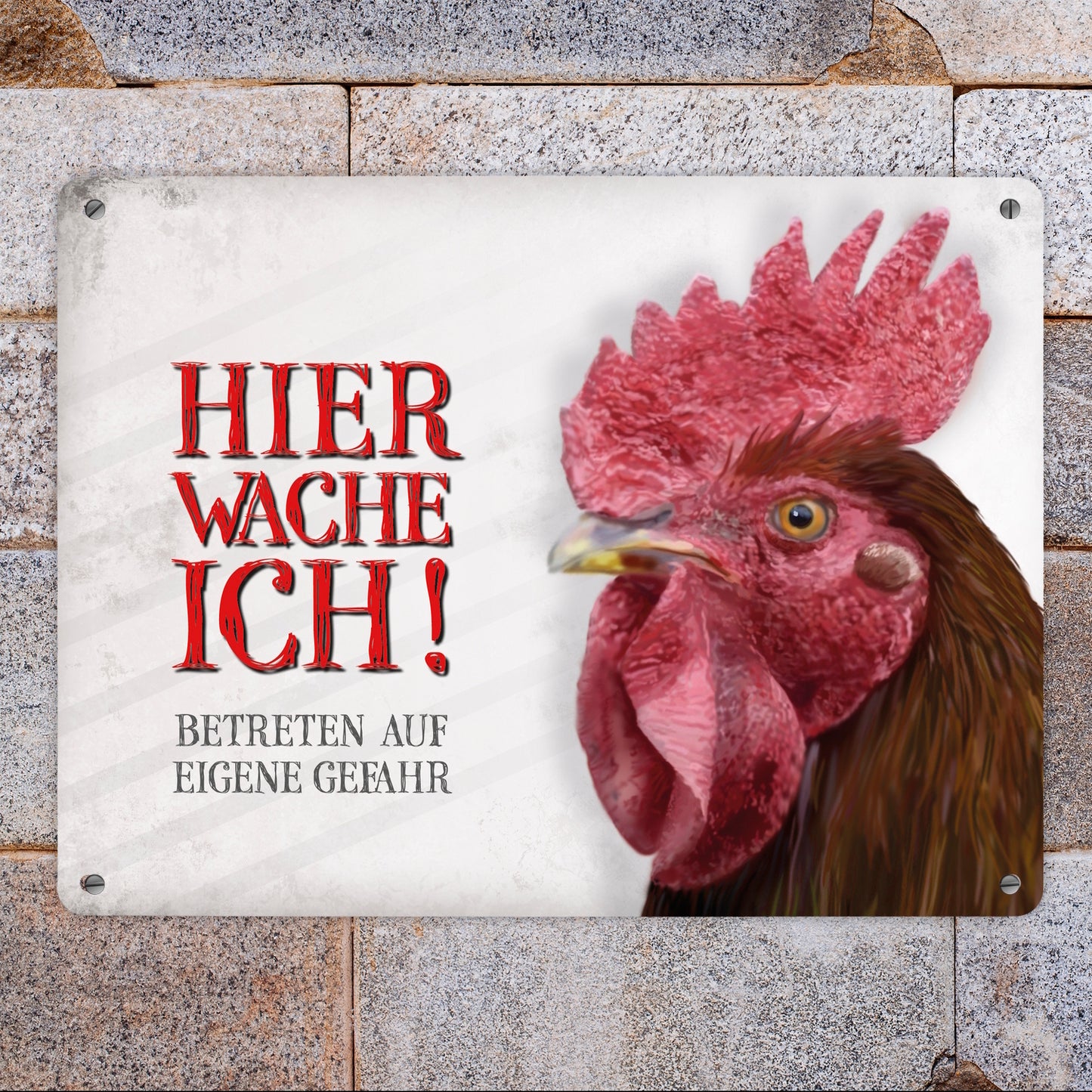 Metallschild XL mit Hahn Motiv und Spruch: Betreten auf eigene Gefahr ...