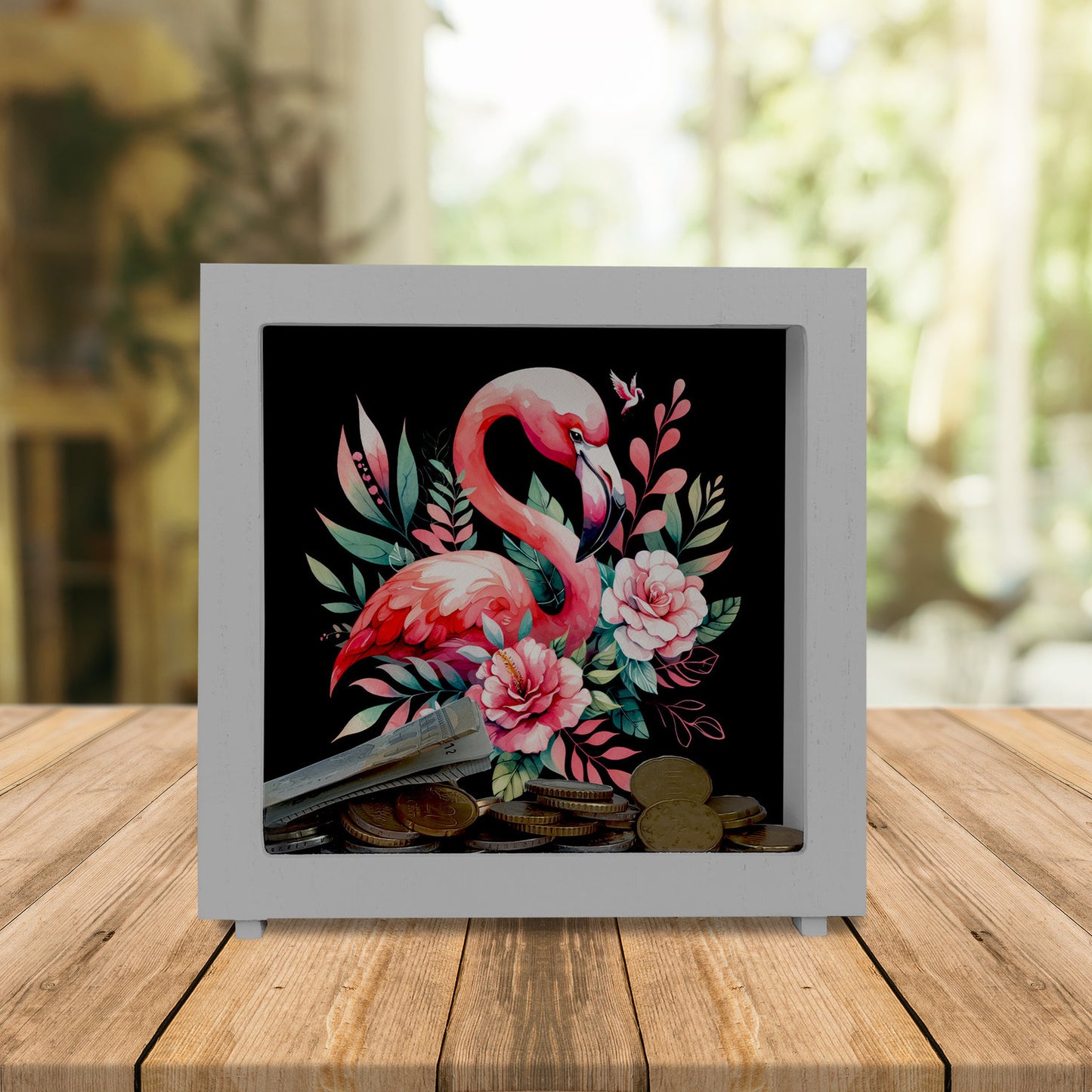 Rosa Flamingo Rahmen Spardose aus Holz