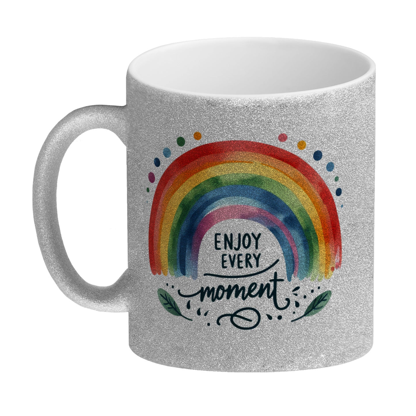 Regenbogen Glitzer-Kaffeebecher mit Spruch Enjoy every moment