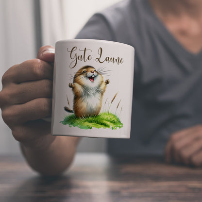 jubelnder Lemming Kaffeebecher mit Spruch Gute Laune