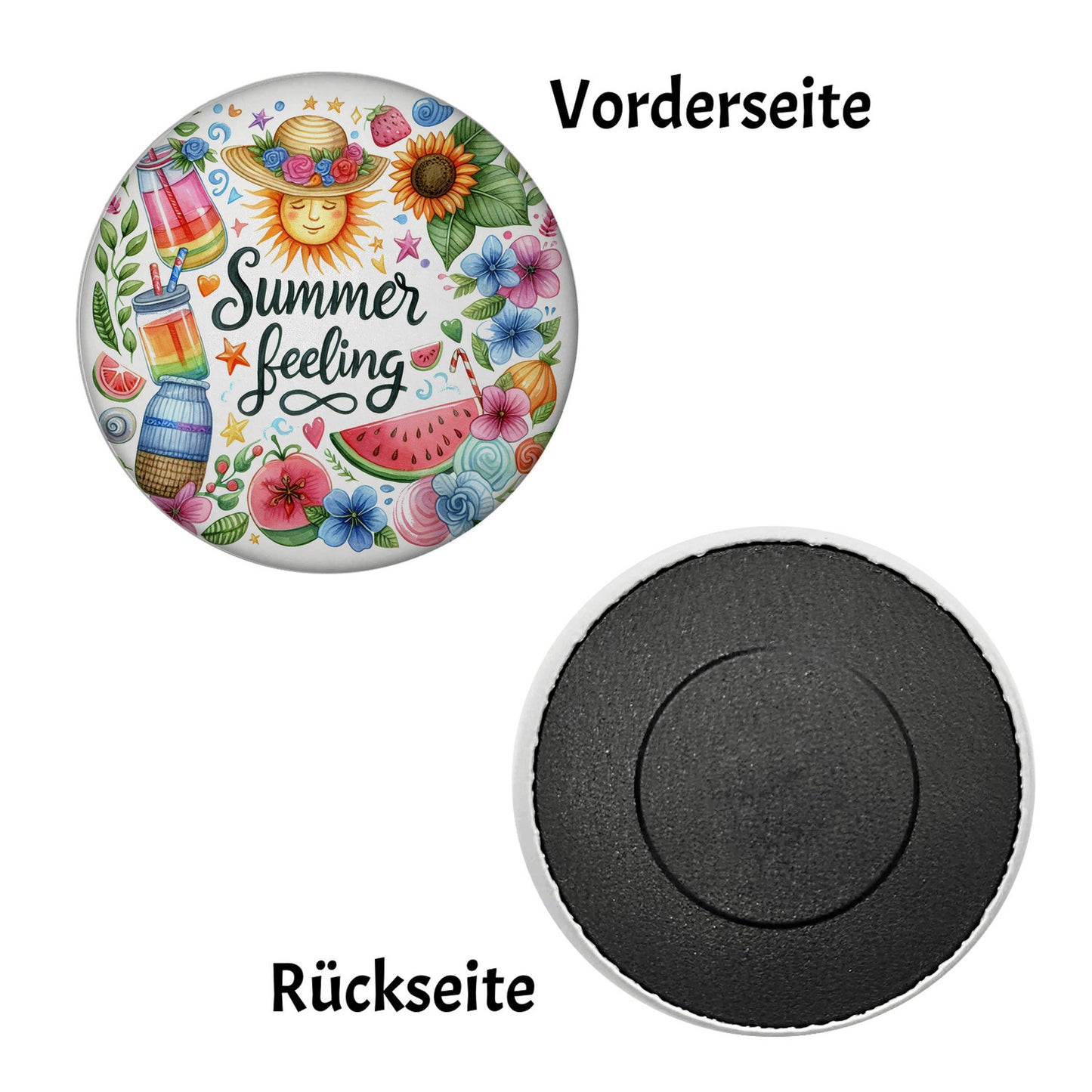 Sonne und Sommer Magnet rund mit Spruch Summer feeling