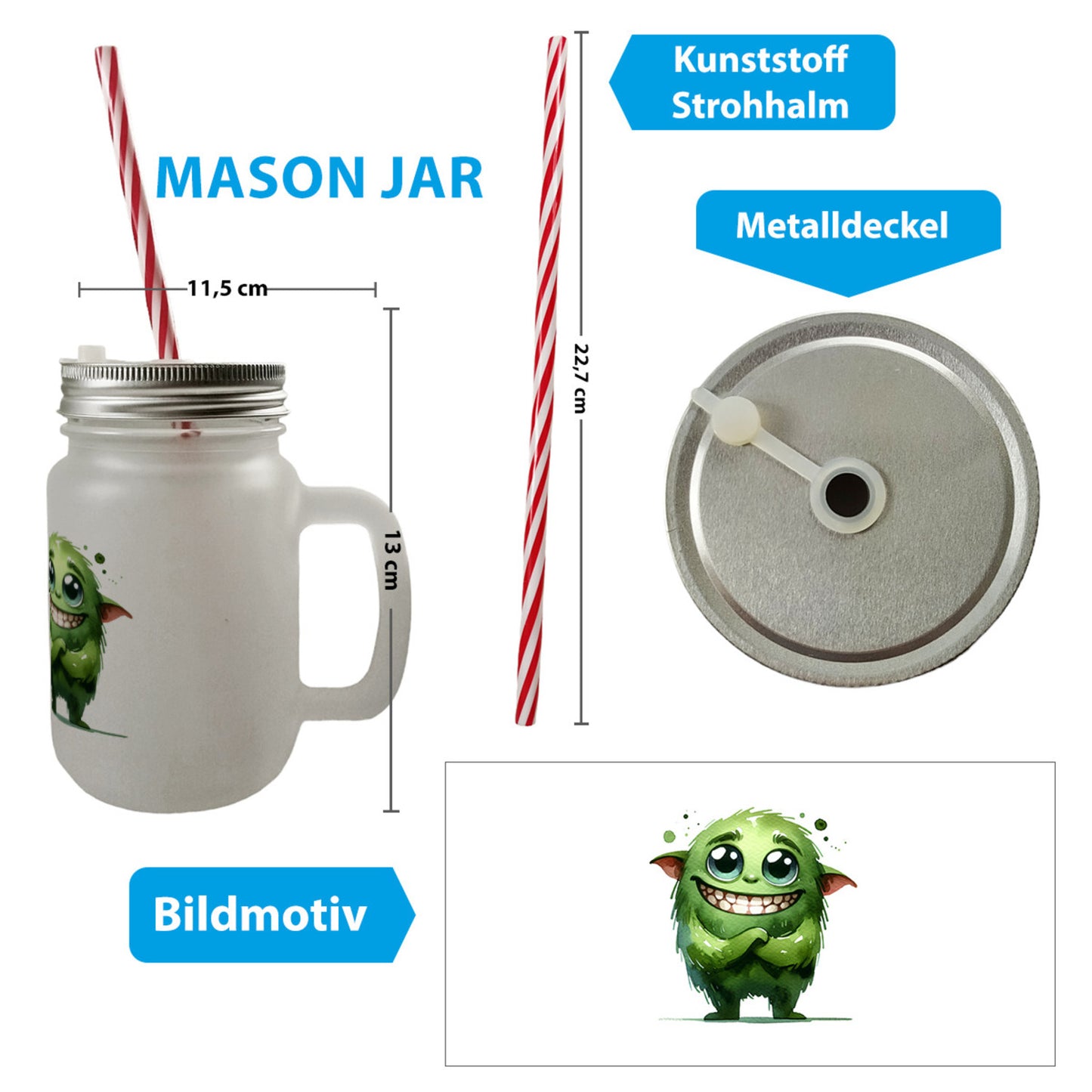 grünes Monster Mason Jar Henkel Trinkglas mit Deckel