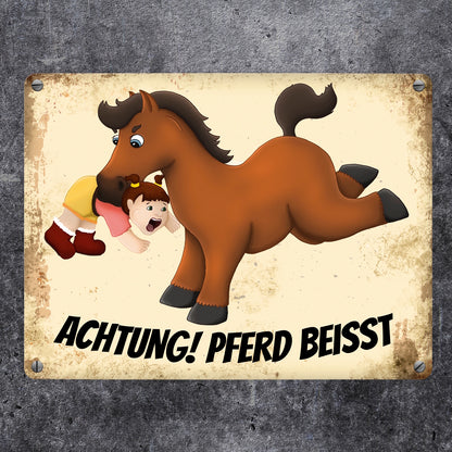 Metallschild mit Pferde Motiv und Spruch: Achtung! Pferd beisst