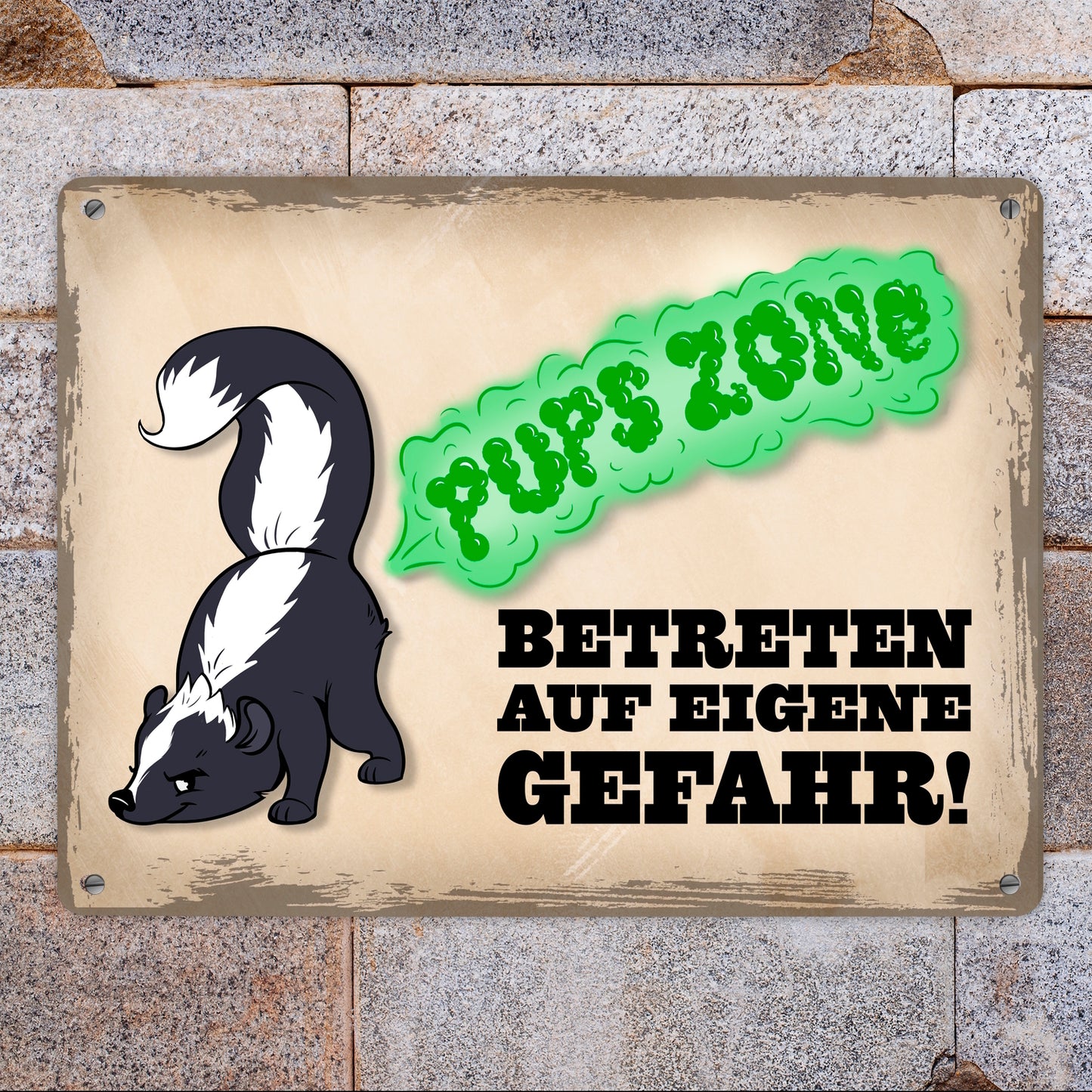 Pupszone Betreten auf eigene Gefahr Metallschild XL mit süßem Comic-Stinktier