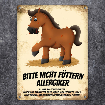 Metallschild XL mit braunem Pferd Motiv und Spruch: Bitte nicht füttern - Allergiker