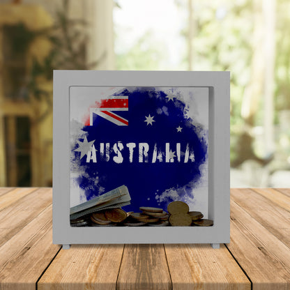 Rahmen Spardose aus Holz mit Australien-Flagge im Used Look - Sparschwein für Urlauber