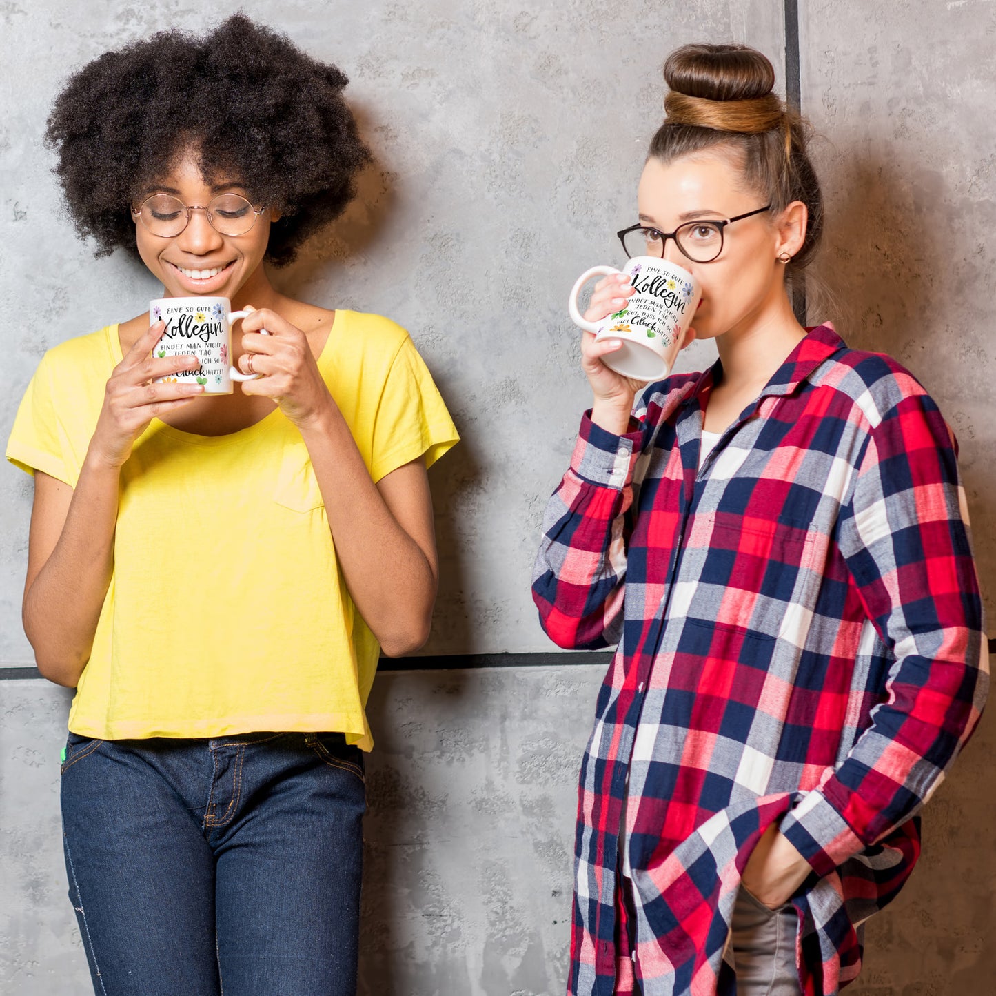 Blumen Kaffeebecher mit Spruch Glück gehabt mit toller Kollegin