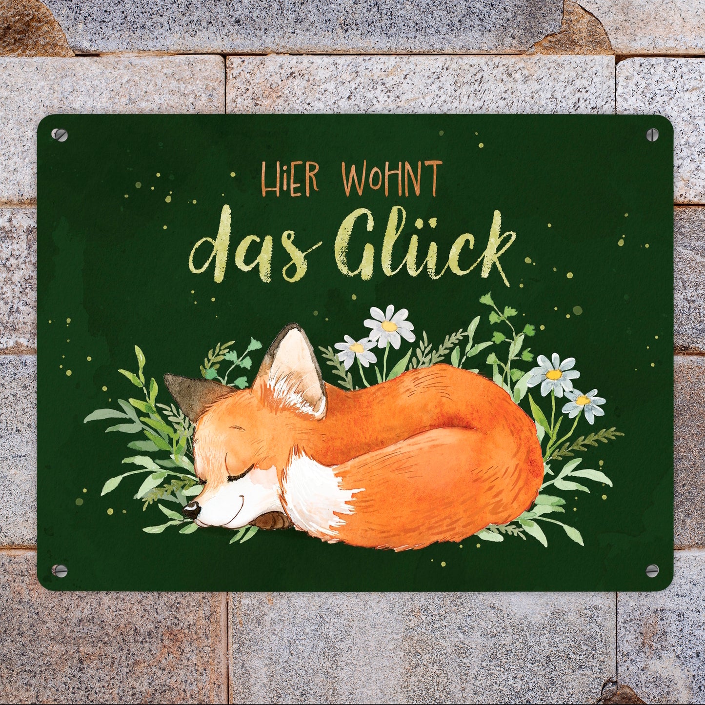 Fuchs Metallschild XL in 21x28 cm in grün mit Spruch Hier wohnt das Glück