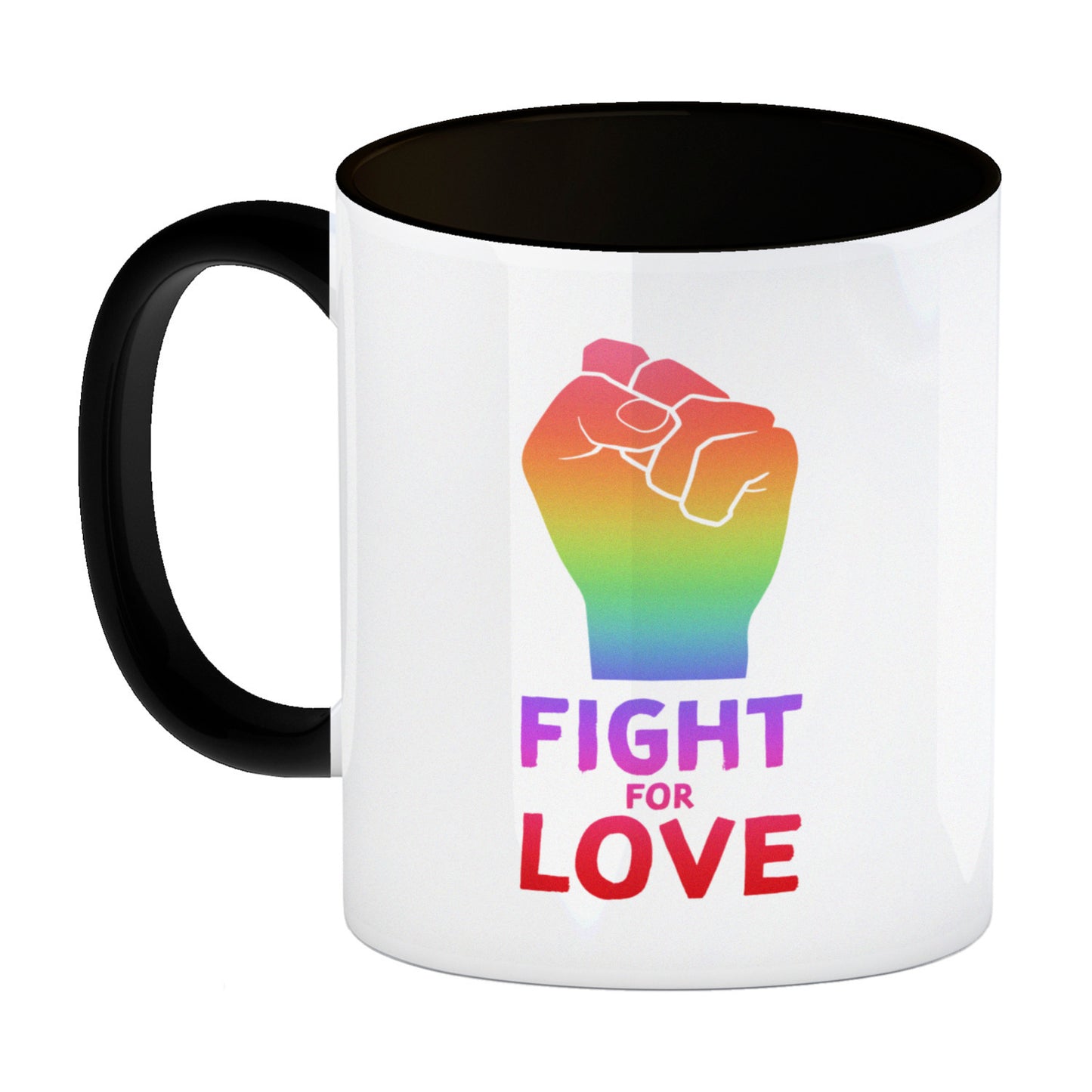 Fight for Love Kaffeebecher Schwarz mit Faust in Regenbogenfarben