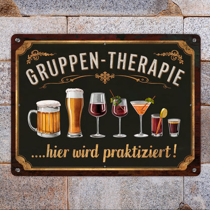 Gruppen-Therapie Alkohol Metallschild XL in 21x28 cm - Hier praktiziert