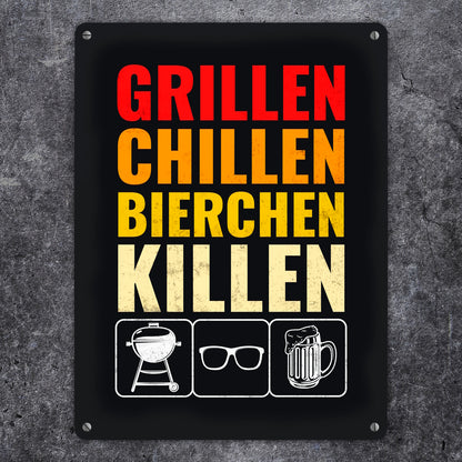 Grillen, Chillen, Bierchen Killen Metallschild XL mit Grill-, Sonnenbrille- und Biermotiv