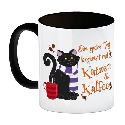 Ein guter Tag beginnt mit Katzen & Kaffee Kaffeebecher Schwarz