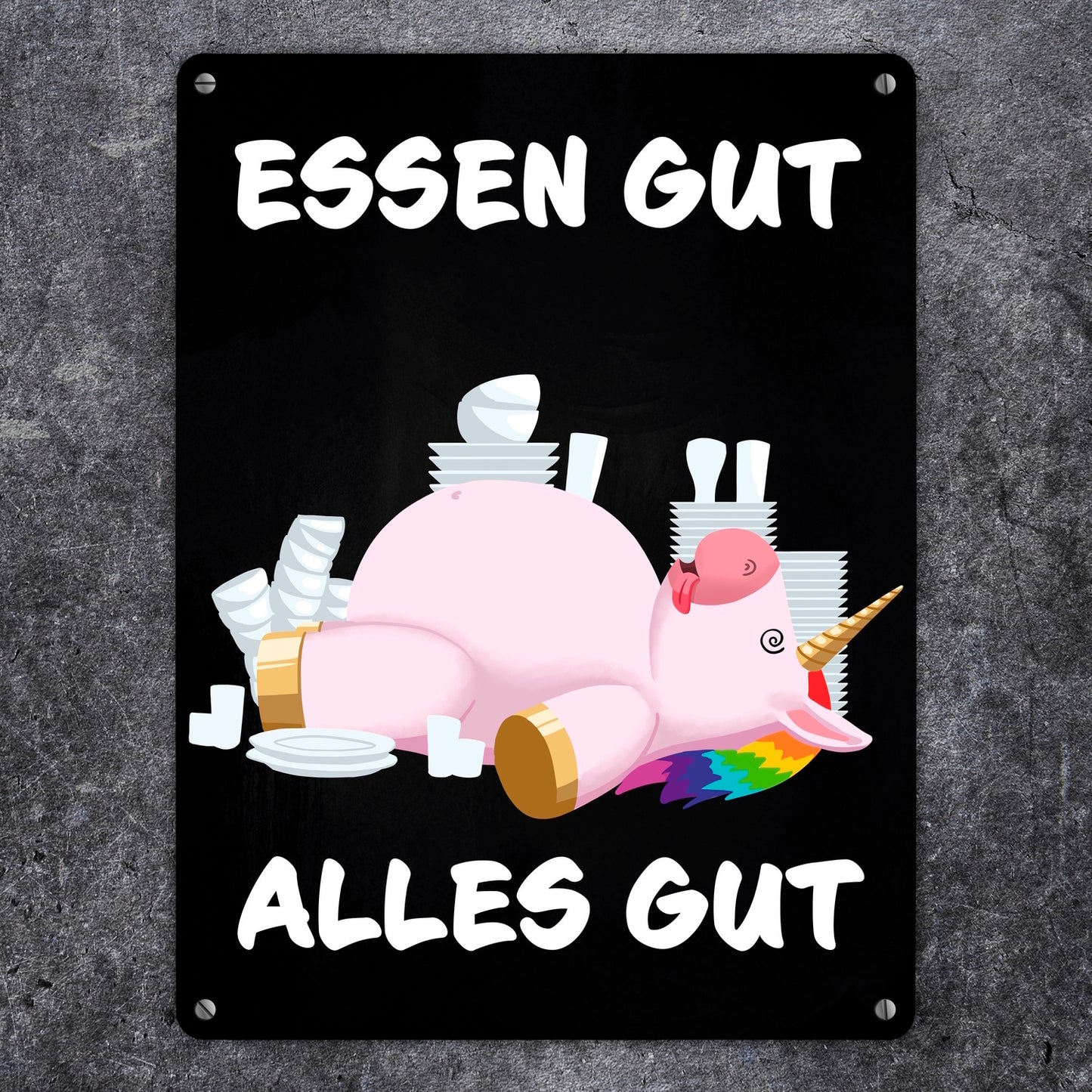 Essen gut alles gut witziges Metallschild XL in 21x28 cm mit dickem Einhorn