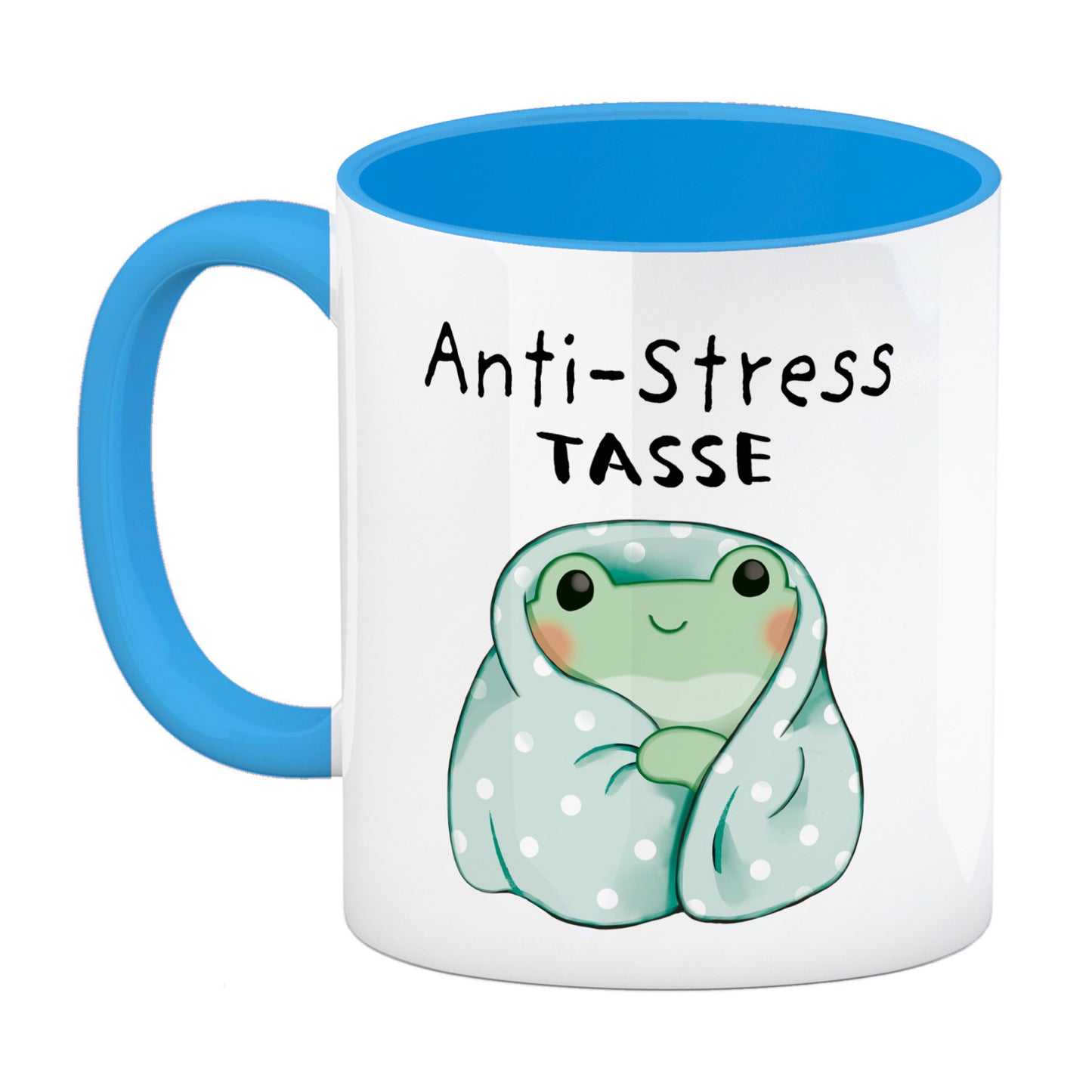 Frosch in blauer Decke mit Spruch Anti-Stress Tasse