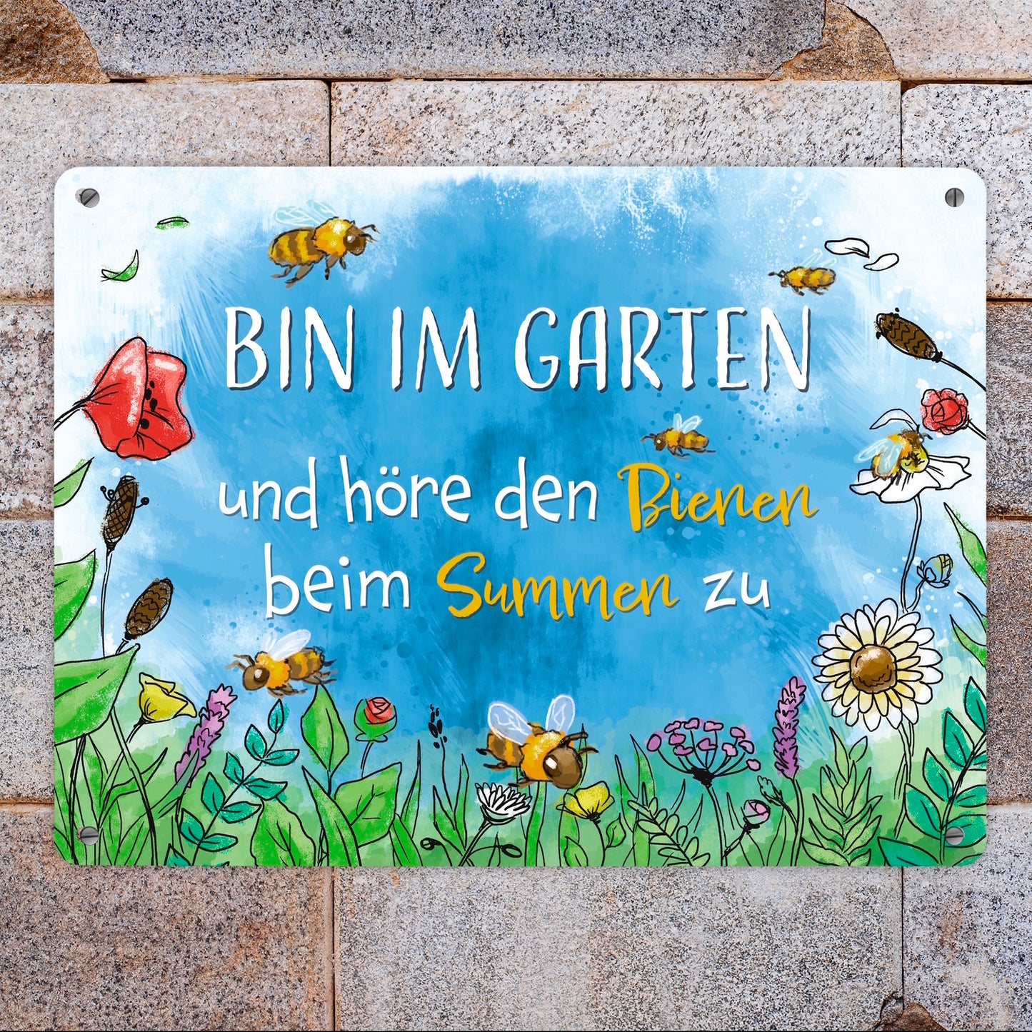 Bin im Garten Metallschild XL in 21x28 cm mit Blumenwiese und Bienen