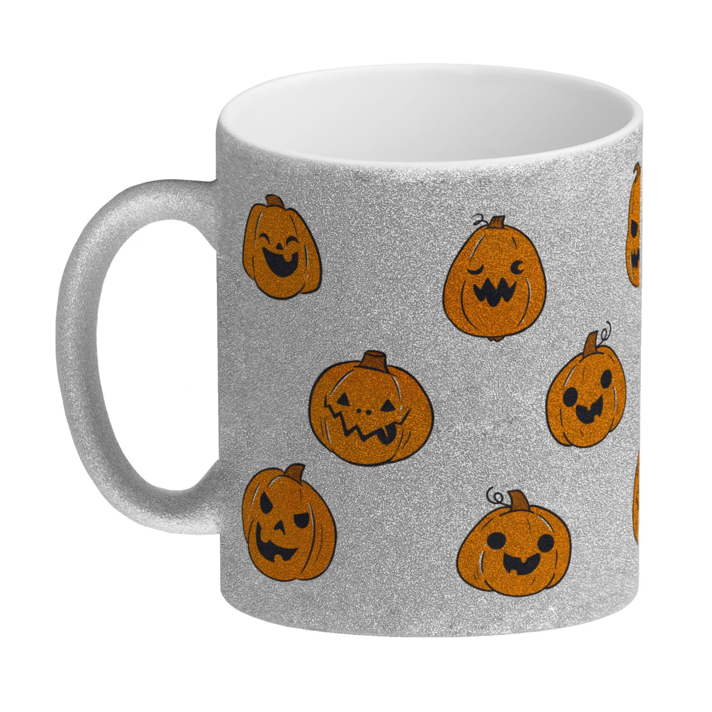 Glitzer-Kaffeebecher im Halloween Design - mit vielen lustigen geschnitzten Kürbisköpfen