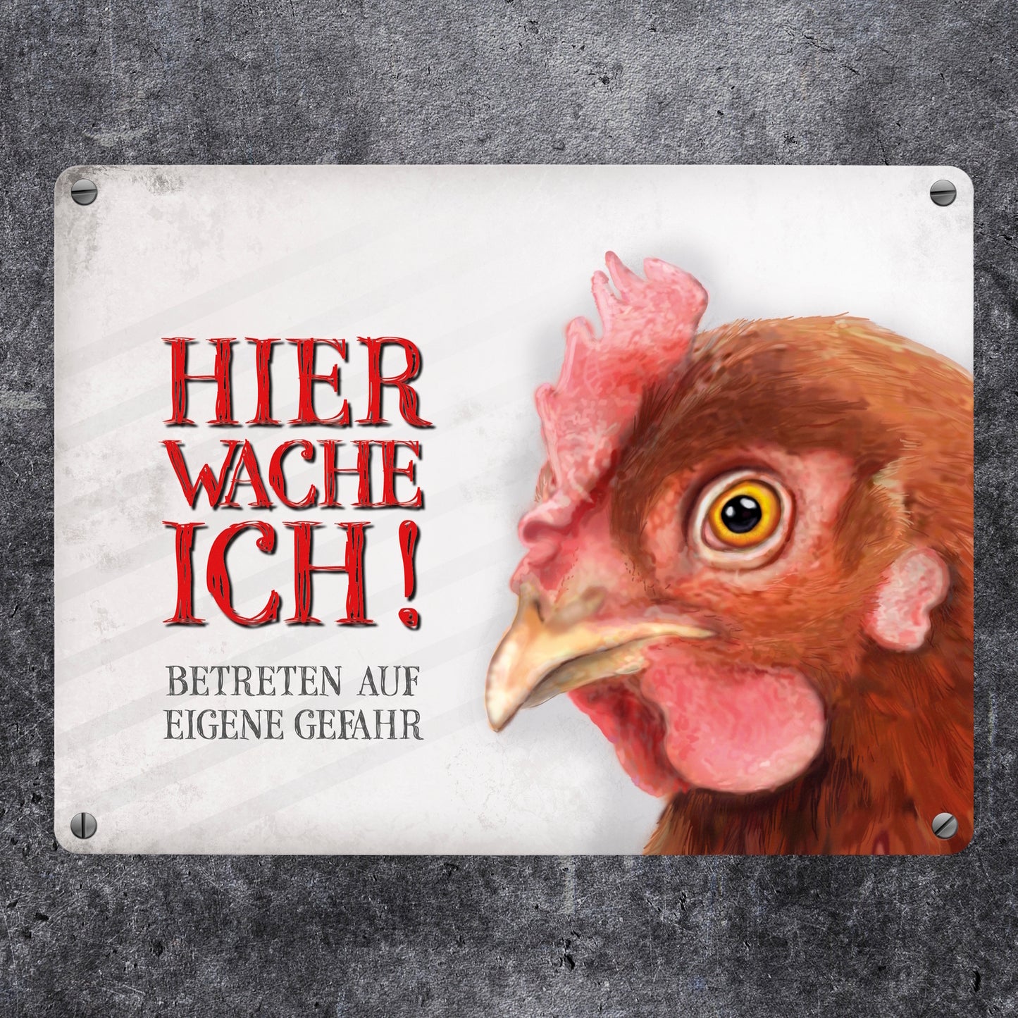 Metallschild mit Huhn Motiv und Spruch: Betreten auf eigene Gefahr ...