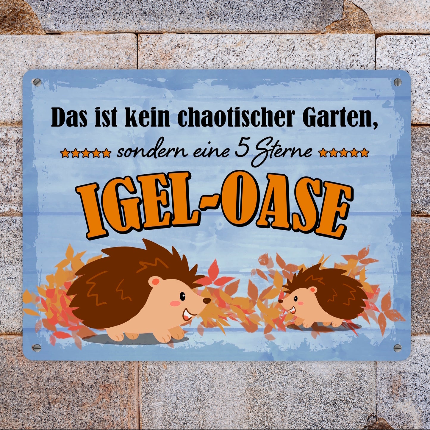 Igel Metallschild XL in 21x28 cm mit Spruch - Garten ist eine 5 Sterne Igel-Oase