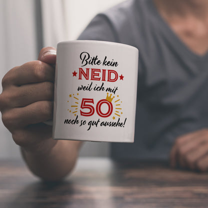 50. Geburtstag Kaffeebecher mit lustigem Spruch: Neid