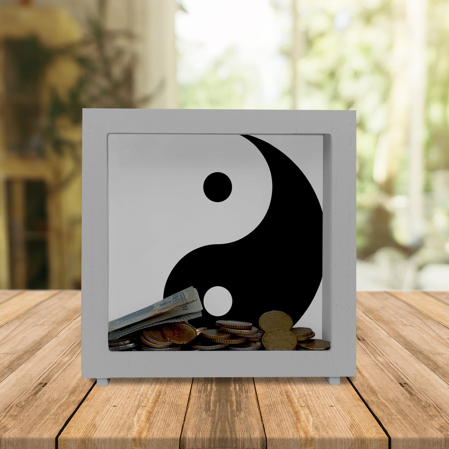 Rahmen Spardose aus Holz mit dekorativem Yin und Yang Design - chinesische Philosophie