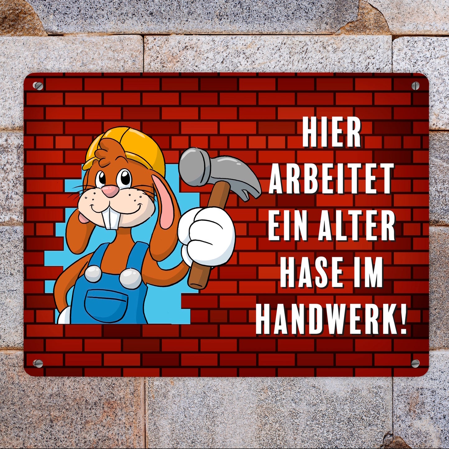 Alter Hase im Handwerk Bauarbeiter Metallschild XL in 21x28 cm mit Spruch