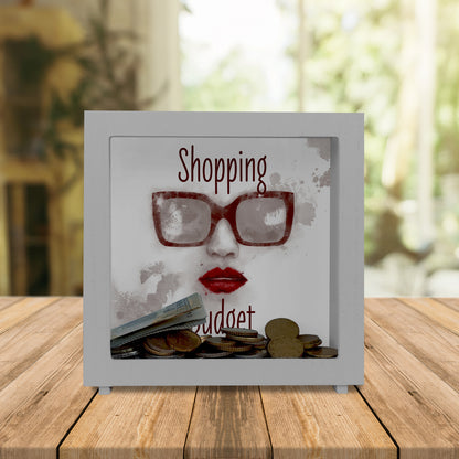 Rahmen Spardose aus Holz mit coolem Sonnenbrillenmotiv und Spruch - Shopping Budget