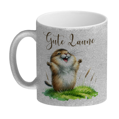 jubelnder Lemming Glitzer-Kaffeebecher mit Spruch Gute Laune