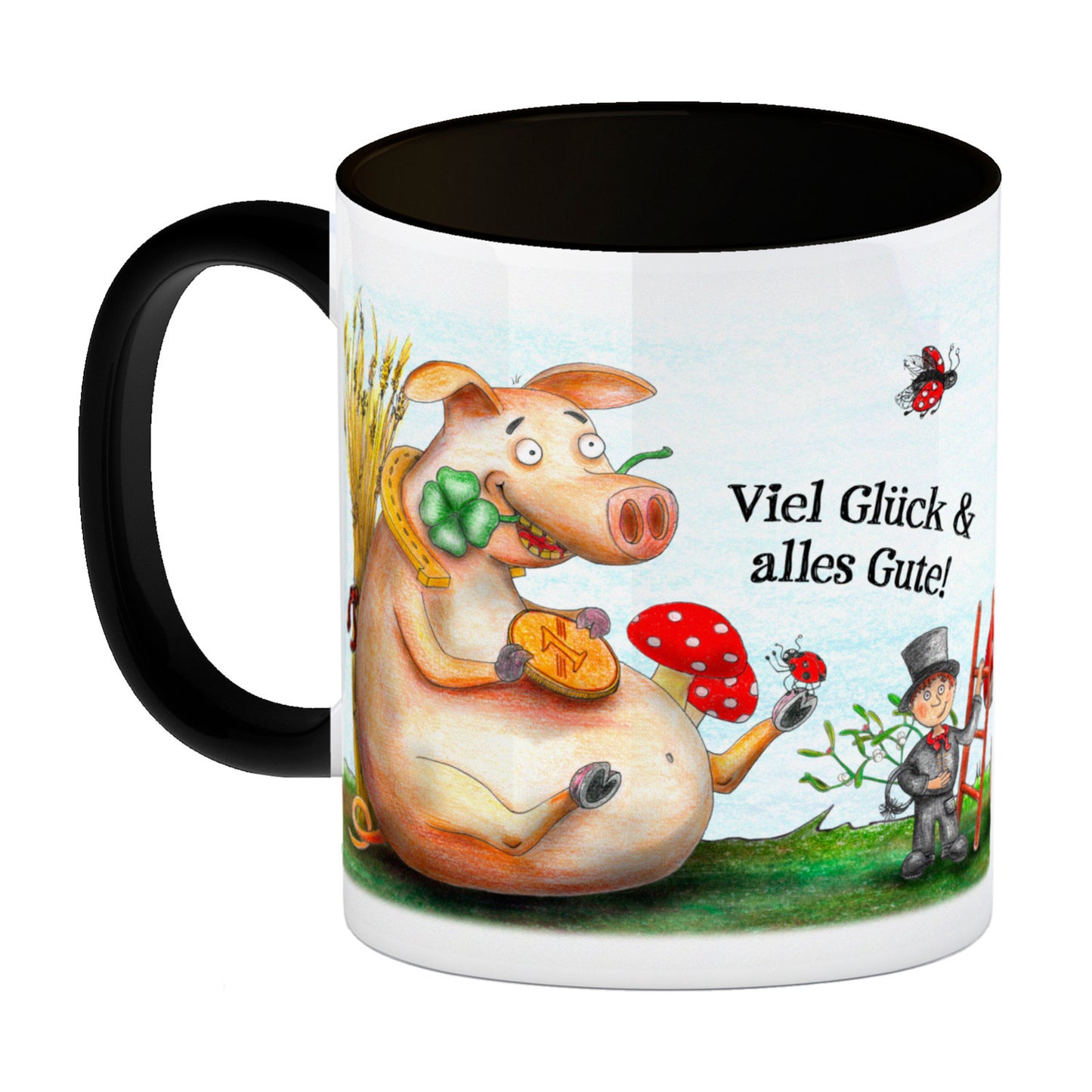 Viel Glück und alles Gute! Kaffeebecher Henkel und Innenseite Schwarz mit Glücksschwein Motiv