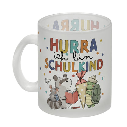 Tiere zur Einschulung Glas Tasse mit Spruch Hurra ich bin Schulkind