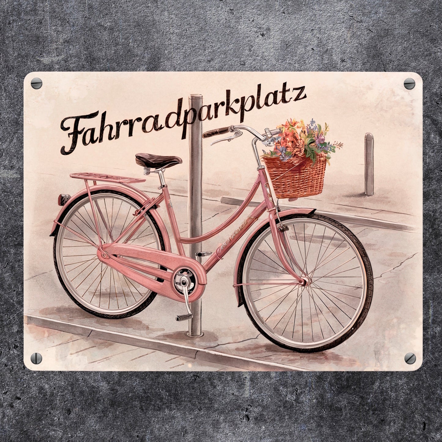 Fahrradparkplatz Metallschild in 15x20 cm mit rosa Drahtesel und Blumenkorb